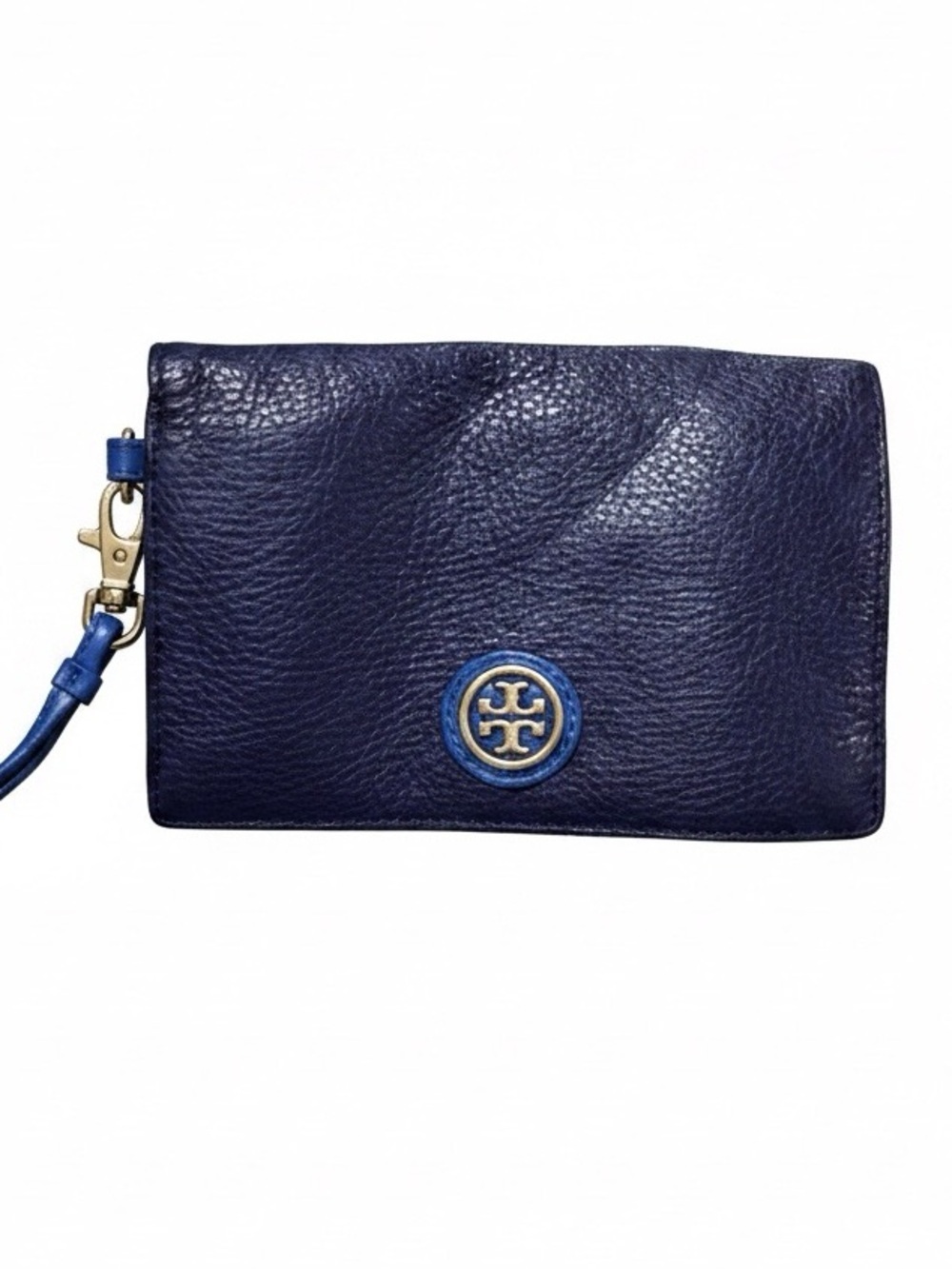 Tory Burch Blue Leather Wristlet Wallet Gold Logo Snap Closure Pebbled Leather